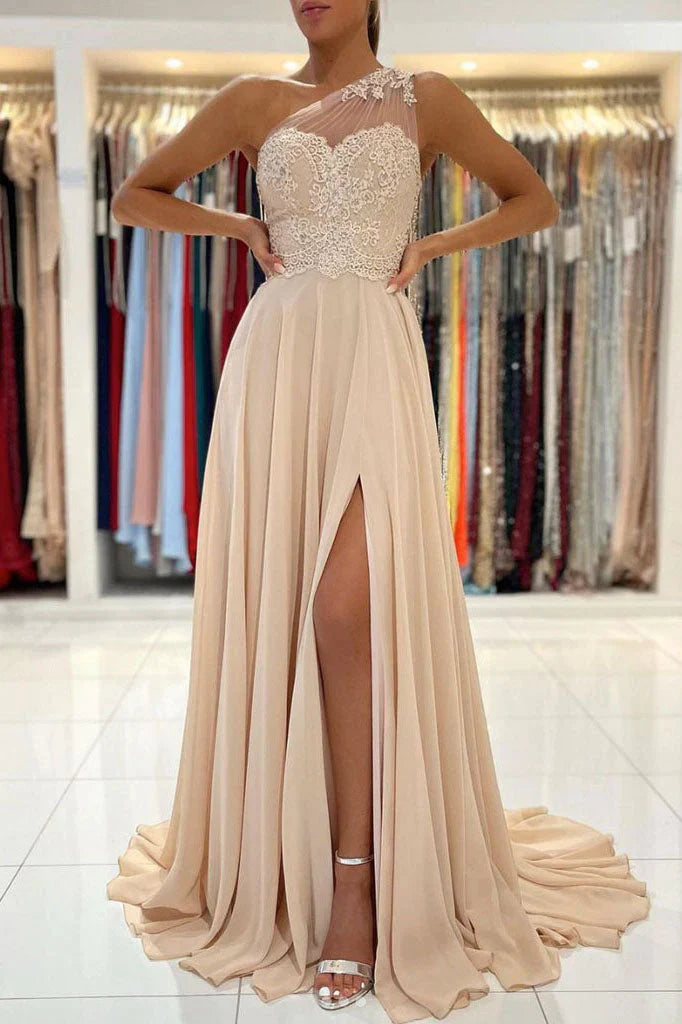 Wholesale A-Line One Shoulder Lace Appliques Chiffon Prom Dresses with Split